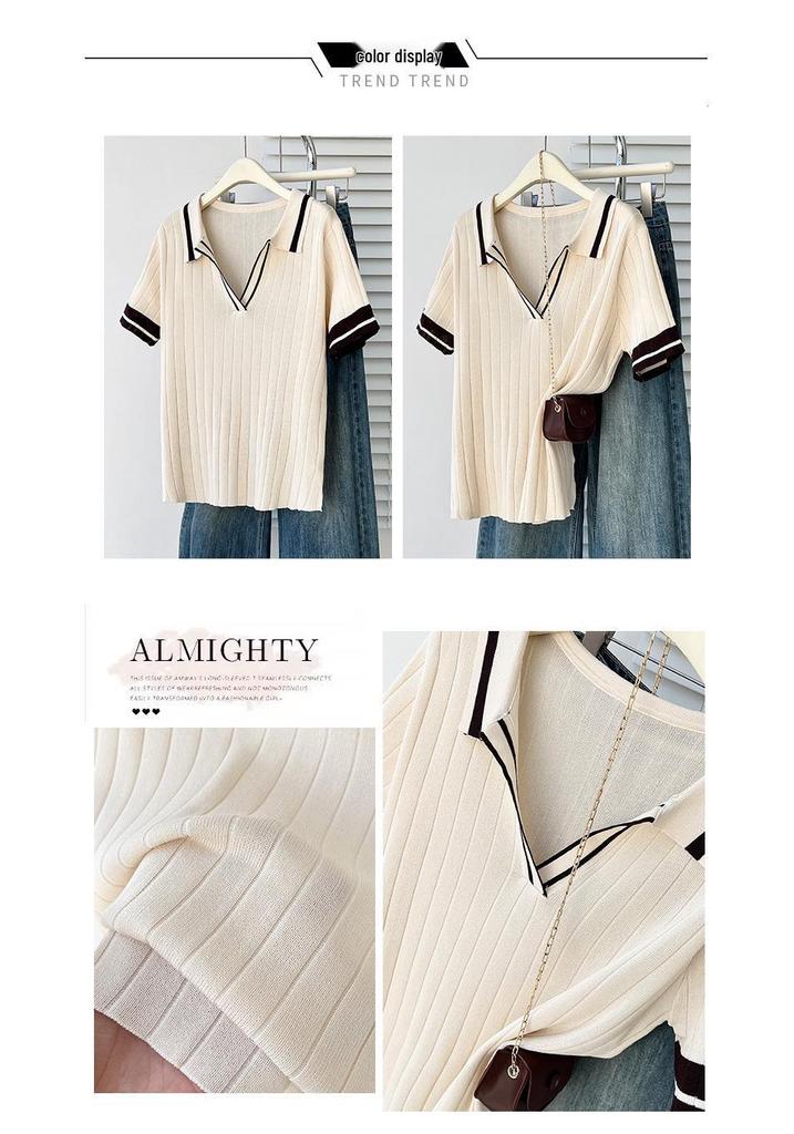 2026 Plus Size Women's Color Block Polo Collar Ice Silk Knit Short Sleeve Top