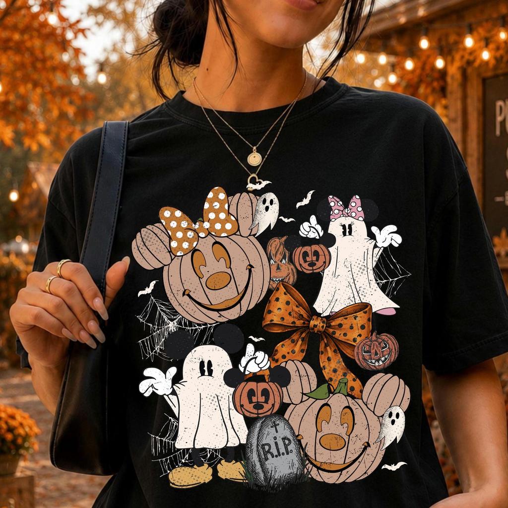 Disney Halloween Shirt, Mickey Minnie Ghost Pumpkin Tee, Spooky Friends Short Sleeve Shirt, Cute Halloween Bow Tee, Fall Disney Shirt