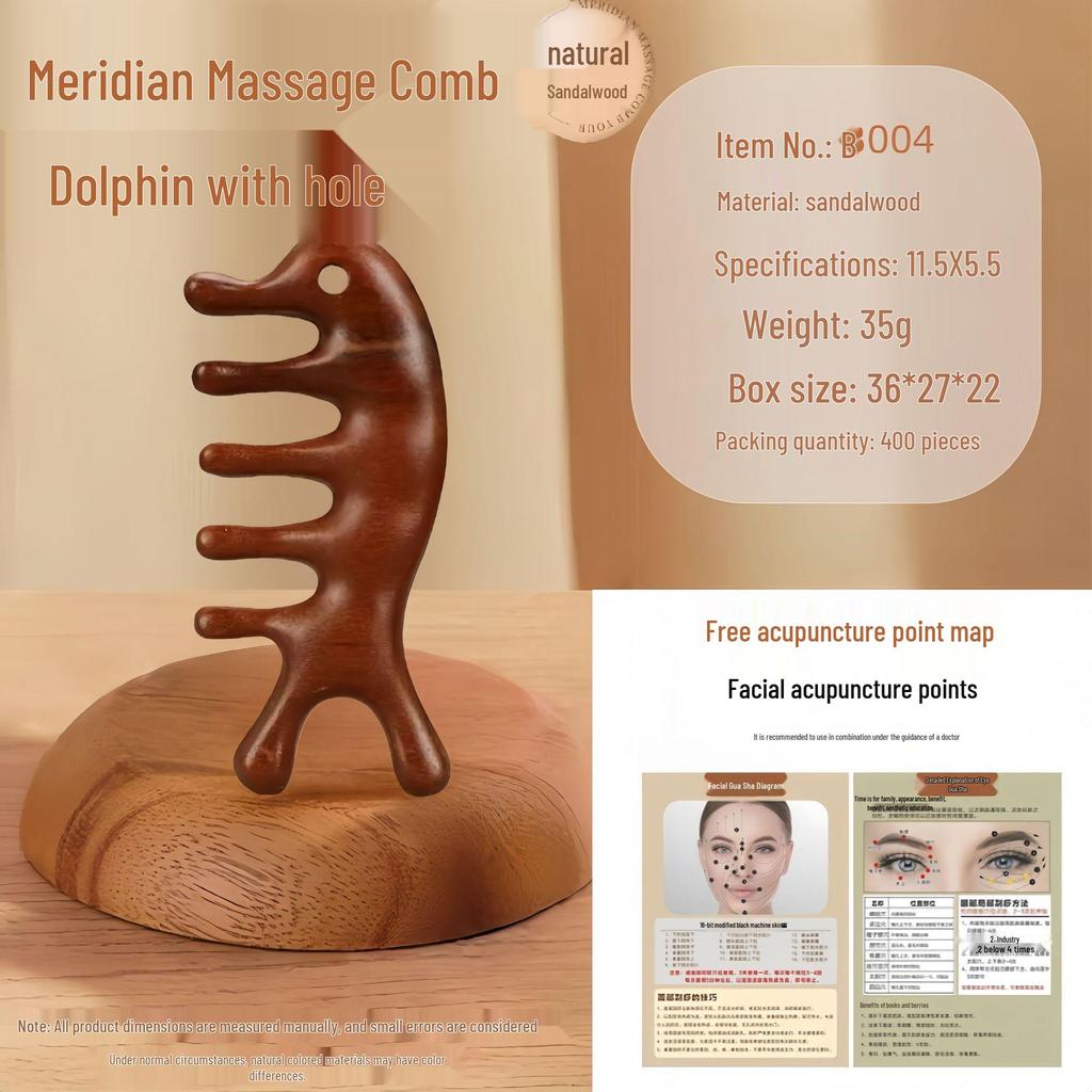 Sandalwood Multi-Functional Five-Tooth Gua Sha Massage Comb for Scalp and Face Therapy