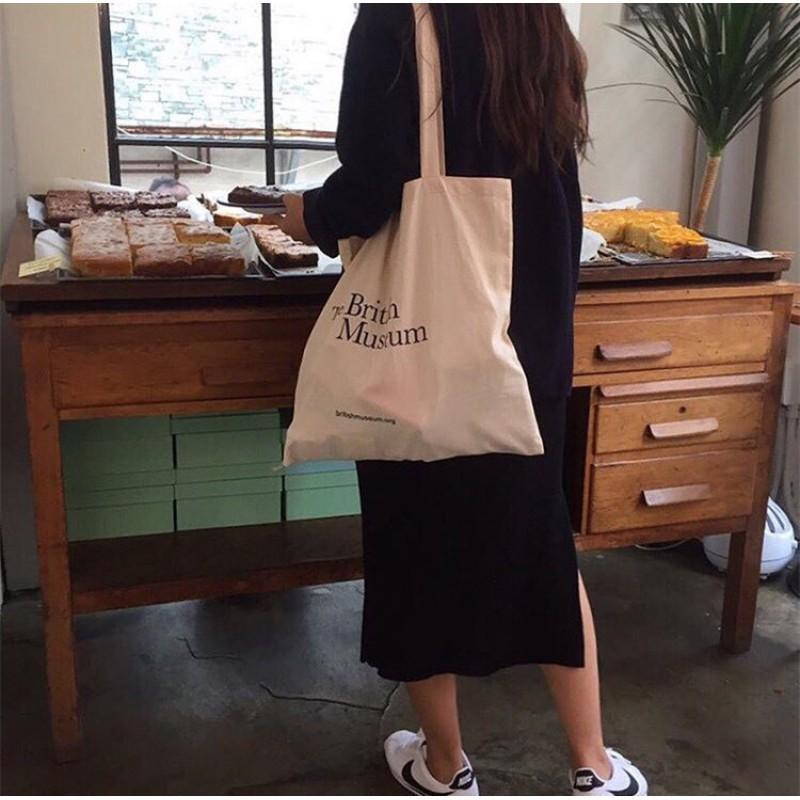 South Korea Ins Style British Museum Letter Print Thin Cotton Grey Cloth Bag Simple All-matching Shoulder