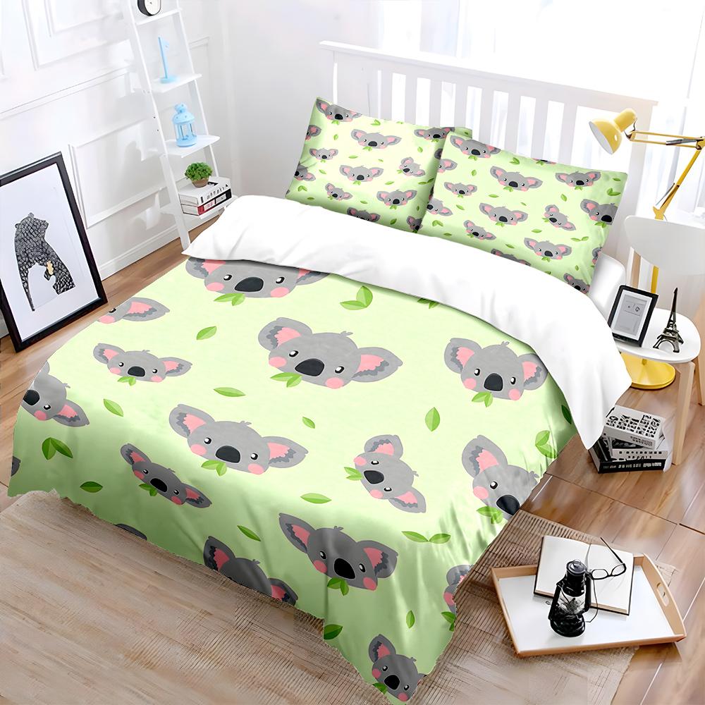 Cute Koala Pattern with Leaves Print Bedding Set 1 Duvet Cover 2 Pillowcases for Adult and Children Luxury Gift Full Size