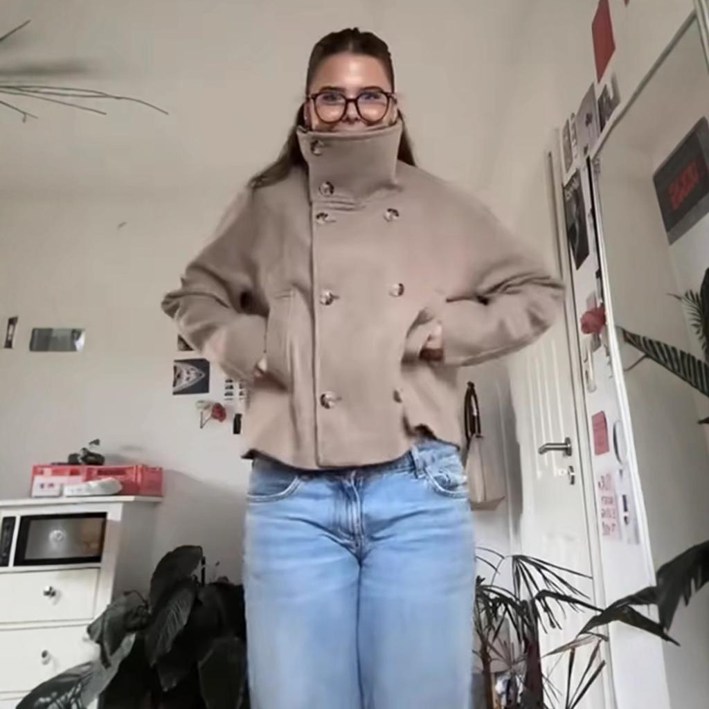 Women'S Clothing Double-Breasted Solid Color Woolen Material Lapel Loose Woolen Short