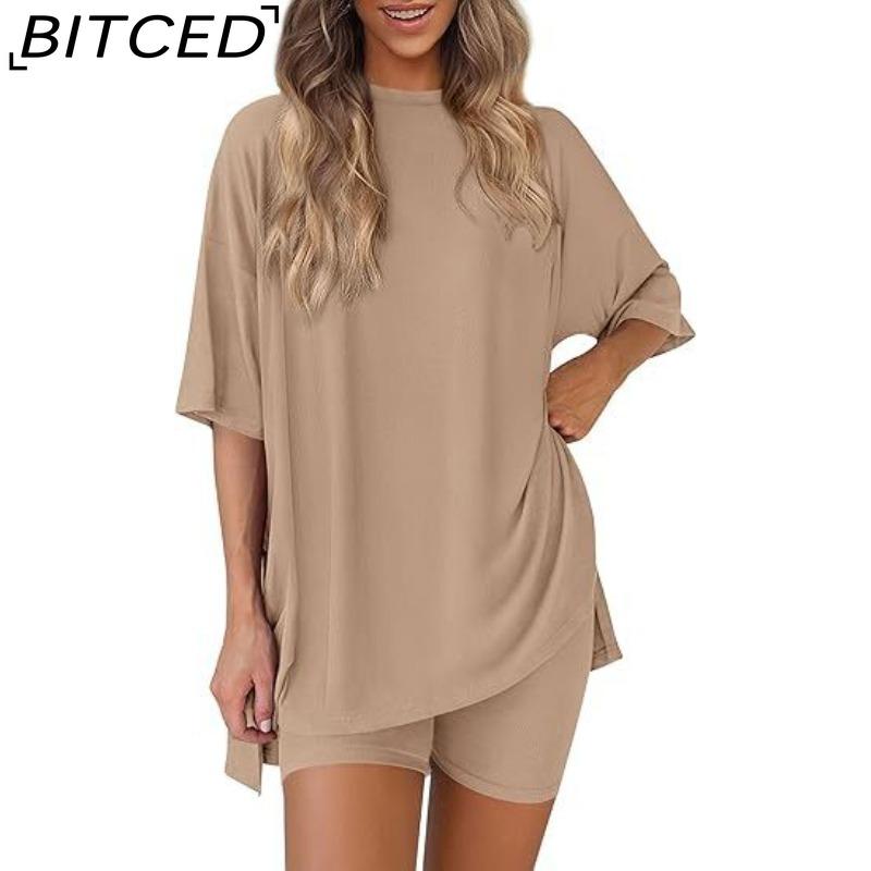 BITCED Women's Spring/Summer Loose-Fit Fashion Solid-Colour Casual Short-Sleeved Top and Shorts Two-Piece Set