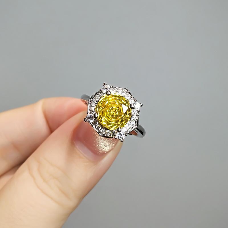 

Hexagonal Cut Rose Redstone Ring Light Luxury Super Flash Ice Flower High Carbon Imitation Citrine Pink Diamond Ring opening adjustable