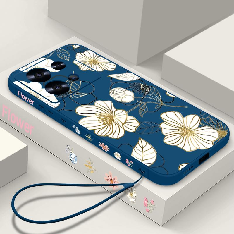 Lanyard Soft TPU Case For Xiaomi Redmi Note 13 14 Pro Plus 12 14 Pro 5G Note 13 11 13C 4G White Flower Silicone Phone Cover