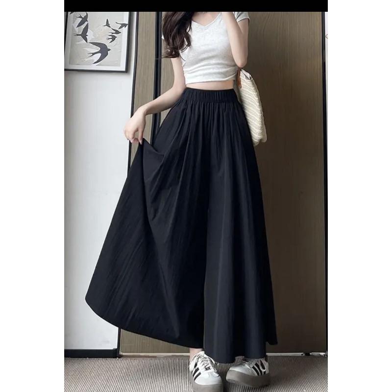 

Летние плиссированные брюки-юбка ретро высокого класса ленивая драпировка а-силуэта кюлоты с маленькой высокой талией тонкая длинная юбка XL size 65kg-75kg чёрный