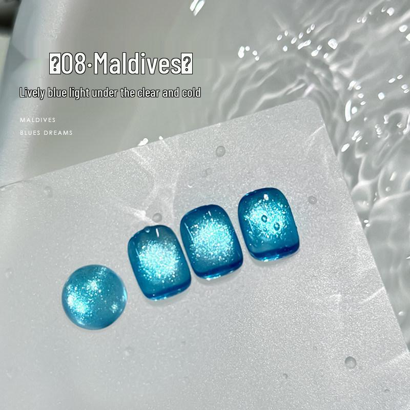 ROLITA Maldives Cat Eye Gel Polish Set - Super Sparkle Blue Pedicure Kit with Transparent Glass Beads.