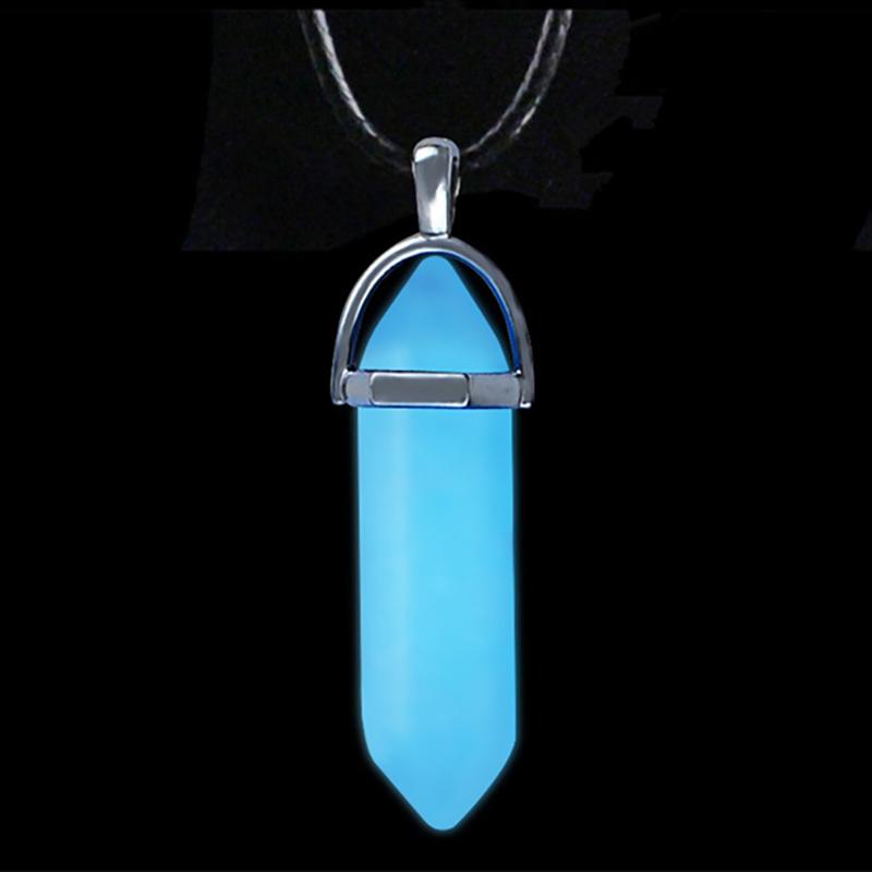 Dark Luminous Stone Fluorescent Hexagonal Column Necklace Natural Crystal Glowing in Bullet Pendant Leather Fashion Jewelry Gift синий