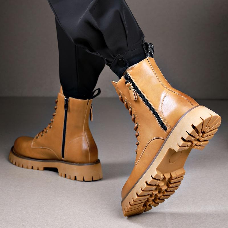 Men's Autumn & Winter Yellow Genuine Leather Boots with Thick Sole, Side Zipper, and Round Toe - Comfortable Mid-High Martin Style.