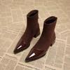 Skinny Boots Autumn New Pointed Toe Splice Zipper Soft Sole Anti-slip Wear-resistant Block Heel Women's Shoes