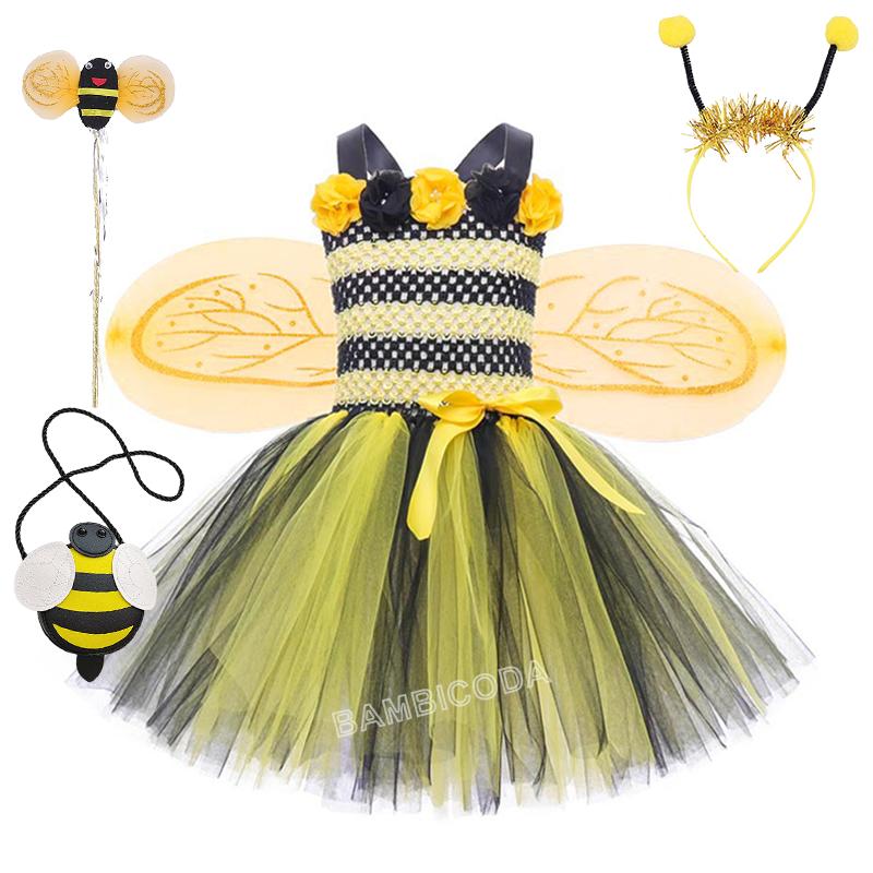 NEW Girls Cosplay Bee Costume Sleeveless Tulle Dress Headband Leg Warmers Wand Wing Sets for Cosplay Party Halloween Outfit