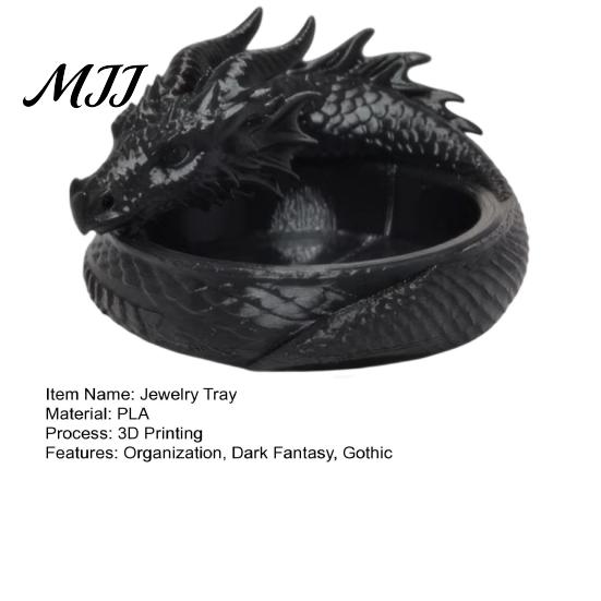 Decorative Dragon Sculpture 3D Printed Coiled Jewelry Tray, Dark Fantasy Trinket Organizer Dish, Unique Storage Gothic Desk for Entryway, Nightstand,
