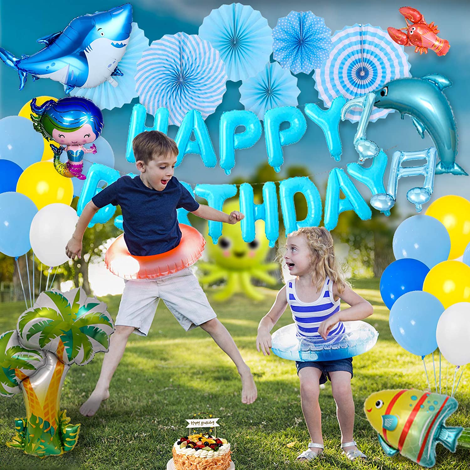 Decorazione Compleanno Oceano Delfino – Palloncini Blu Con Numeri E Forma Delfino – Per Bambina 7 Anni