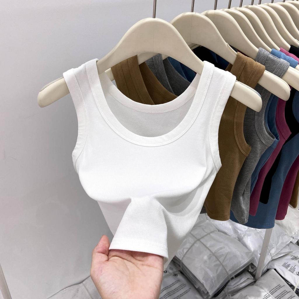 White Cover Double Breasts I-shaped Vest Women's Outer Wear Elastic Thread Inner Top Spring and Summer Basic Sleeveless Suspenders
