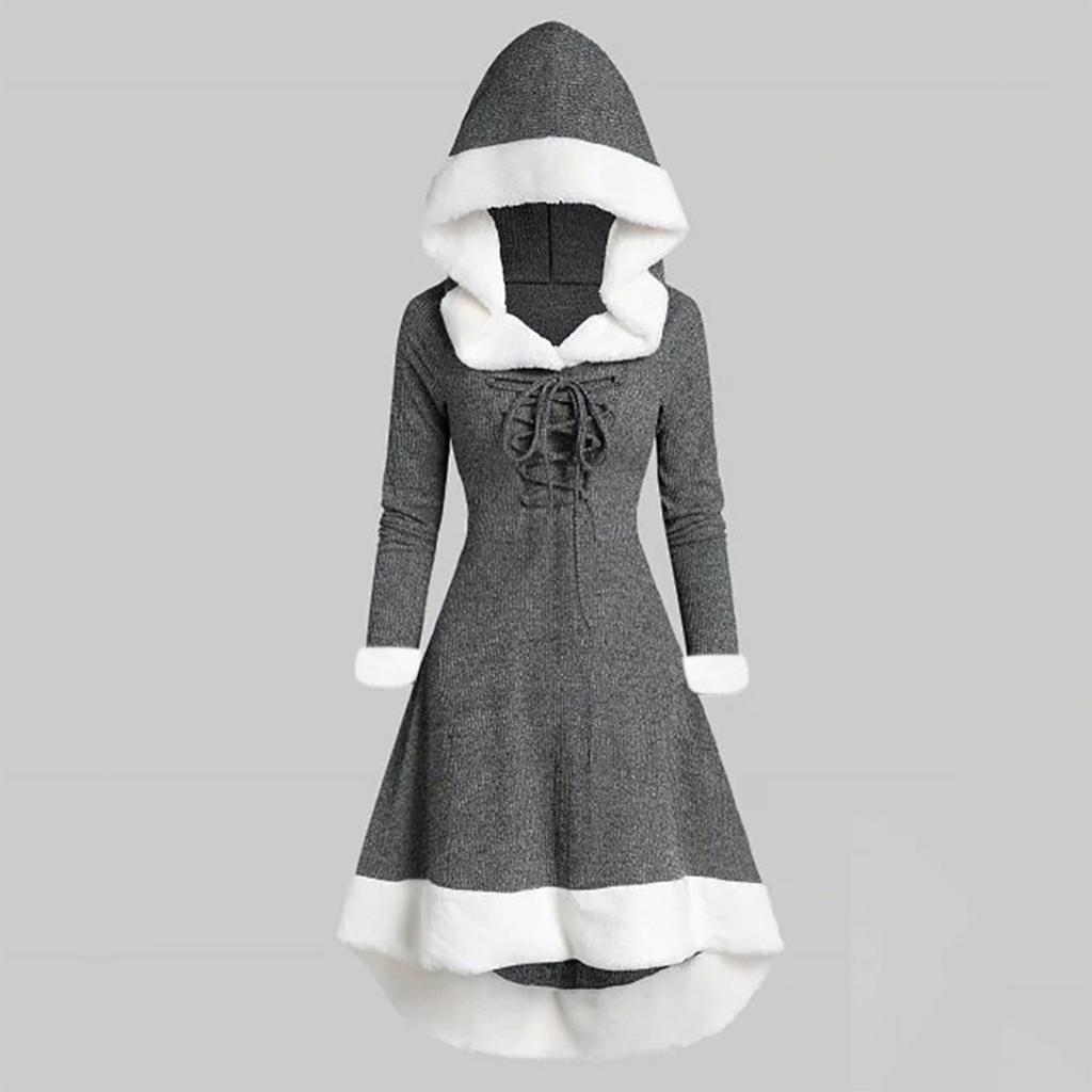 Damska sukienka z długim rękawem, z kapturem, patchworkowym dołem i nieregularnym długim rękawem