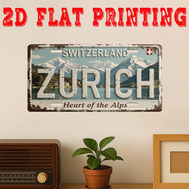 D Flatpc Vintage Metal Signonly for decorationZurich City SignLake Alps Retro Wall ArtHeart of the Alps Swiss Home 15x30cm(5.9x7.8inch)
