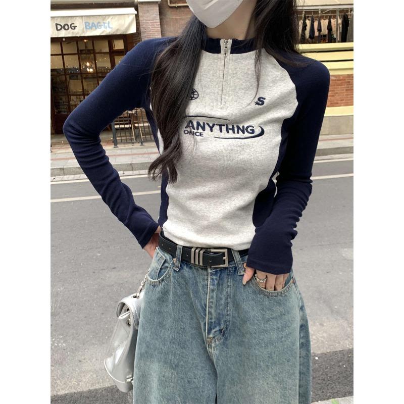 

Spring half-zipper stand-up neck bottoming shirt contrasting color embroidery shoulder sleeves long-sleeved shirt Spice Girl top M