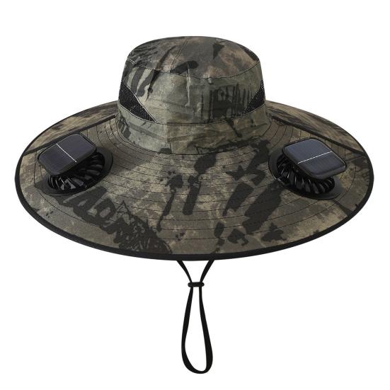 Cappello a Ventilatore Solare, Cappello da Sole a Tesa Larga UPF 50+ con 2 Ventole, Ricaricabile Solare e USB, 3 Velocità per Pesca/Campeggio/Escursionismo/Giardinaggio