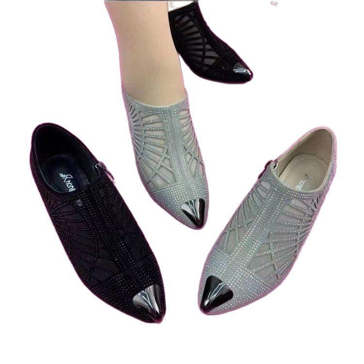 Fashion hot diamond mesh shoes summer pointed thick heel hollow zipper rhinestone women's sandals comfortable breathable low heel shoes women