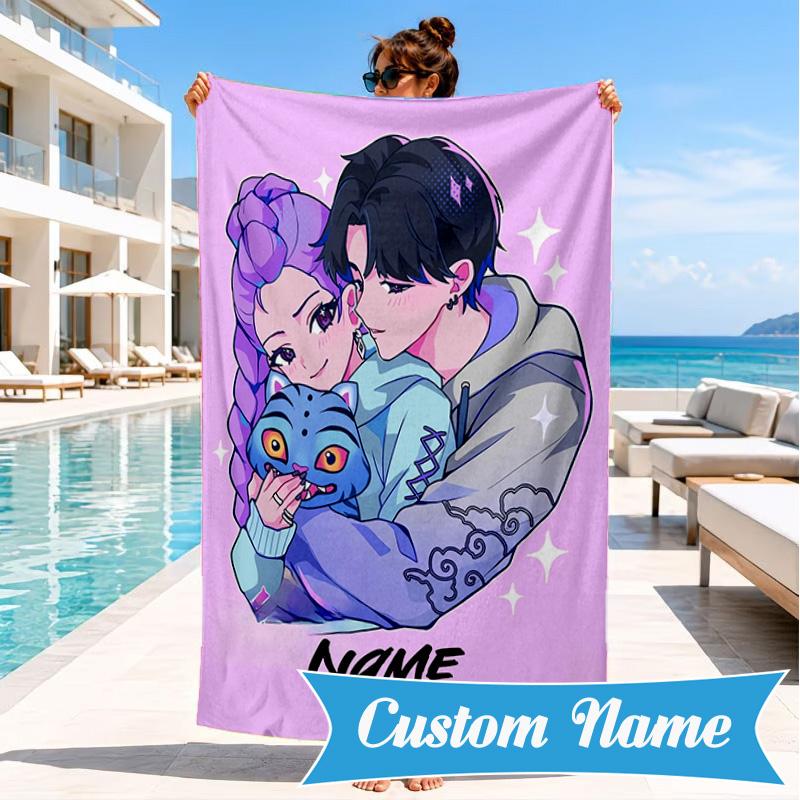 Custom Name KPop Cartoon Beach Towel Microfiber Beach Towel, Lightweight and Quick-Dry, for Summer Travel, Swimming Pool Gift