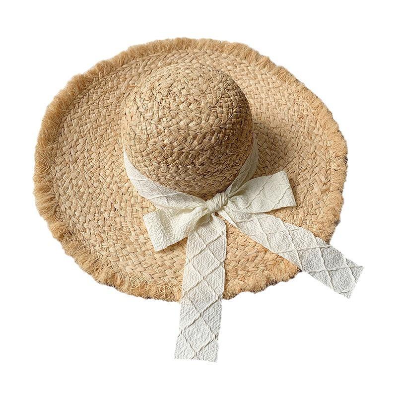Big brim French bow raffia hat women's sunshade sunscreen hat seaside scenic beach vacation woven hat