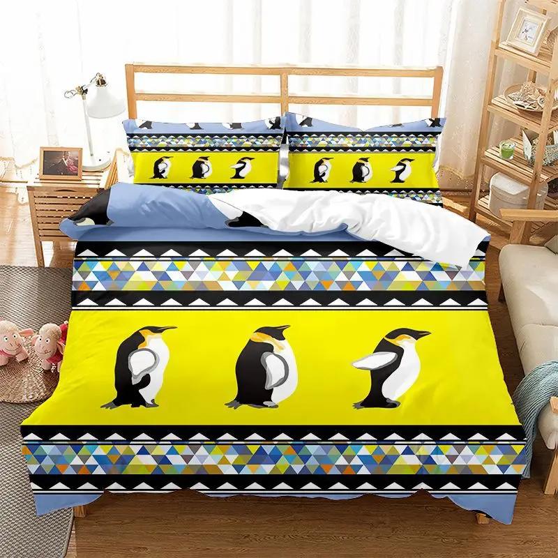 Cartoon Penguin Duvet Cover Set For Boys Girl Animated Antarctic Animal Polyester Quilt Cover White Black King Queen Size
