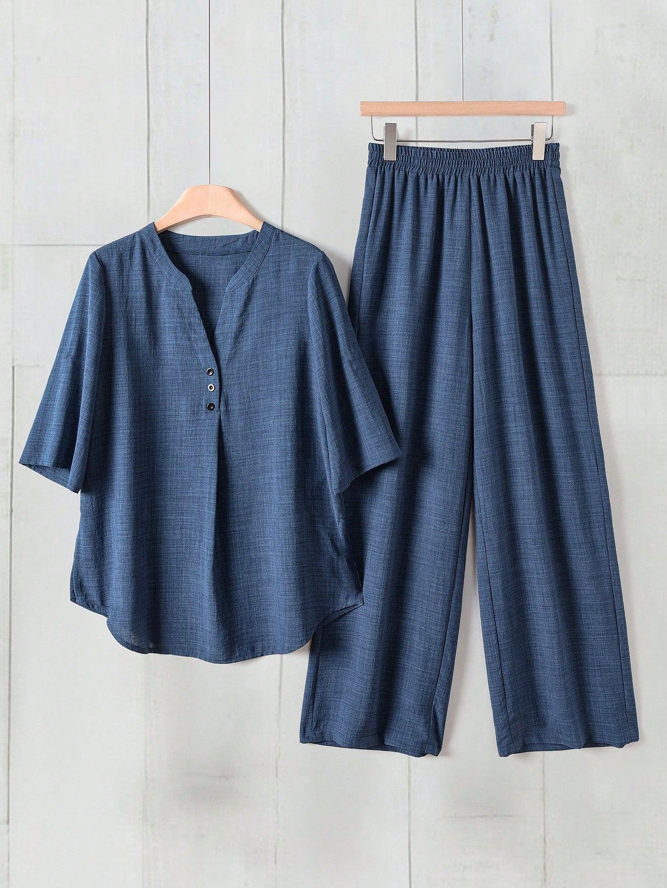 

2026 European Plus Size Loose Casual Two-piece Set: V-neck Short Sleeve Top & Long Pants 2XL