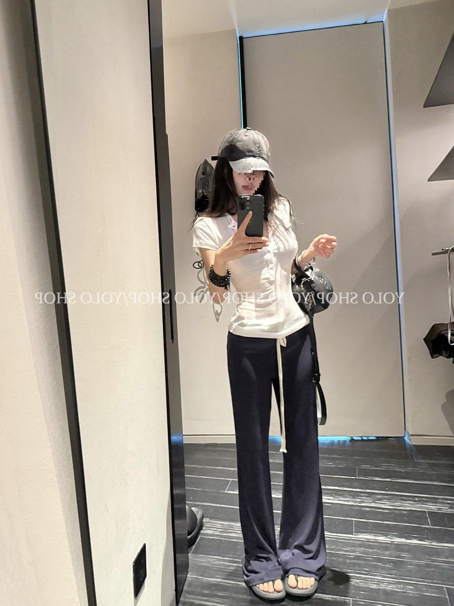 

YOLO SHOP Women s Gray Micro-Flare Low-Waist Summer Pants - Slimming Drape Texture Navy Regular