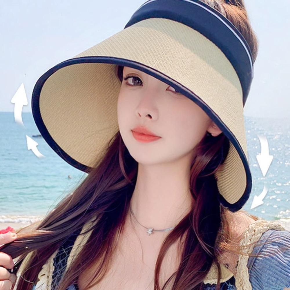 Bow Woven Empty Top Cap Foldable Hollow Straw Hat Fashion Wide Brim Bucket Hat  Girls
