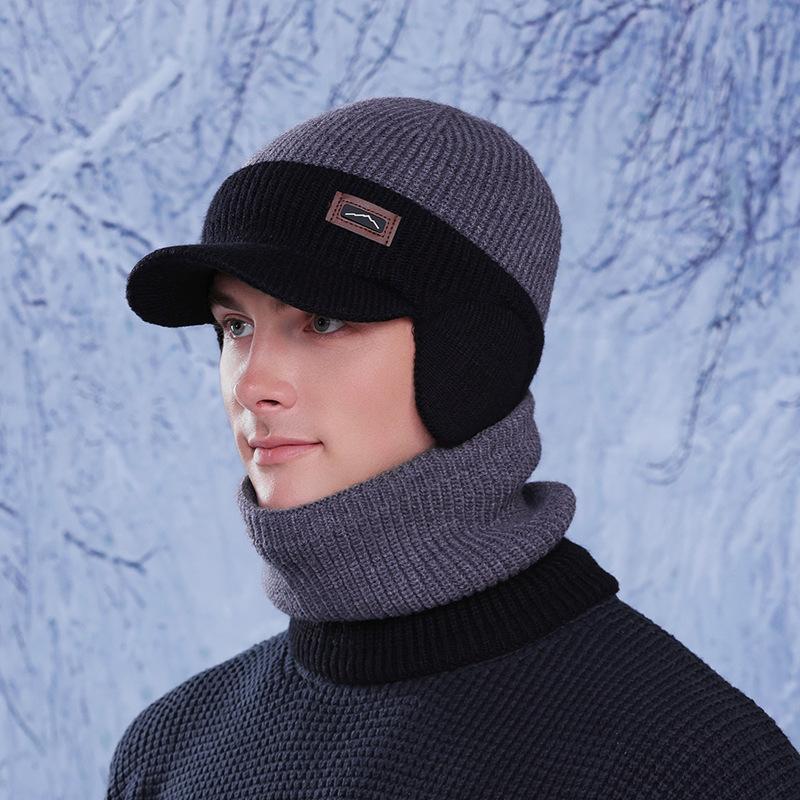 Winter hat, scarf set, outdoor velvet and cold-proof knitted wool hat, men's cycling warm ear protection pullover hat