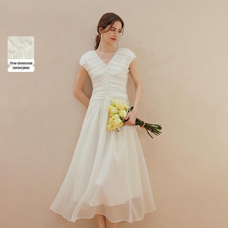 INMAN Vacation Style Pleated Waist White Long Dress S