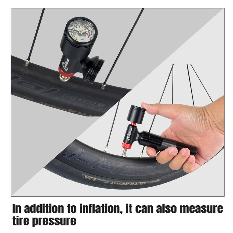 Black Head CO2 Pump with Clear Pressure Gauge Aluminum Alloy Bike Air Mini Cycling Bicycle CO2 Inflator for Road Bikes MTB Bikes