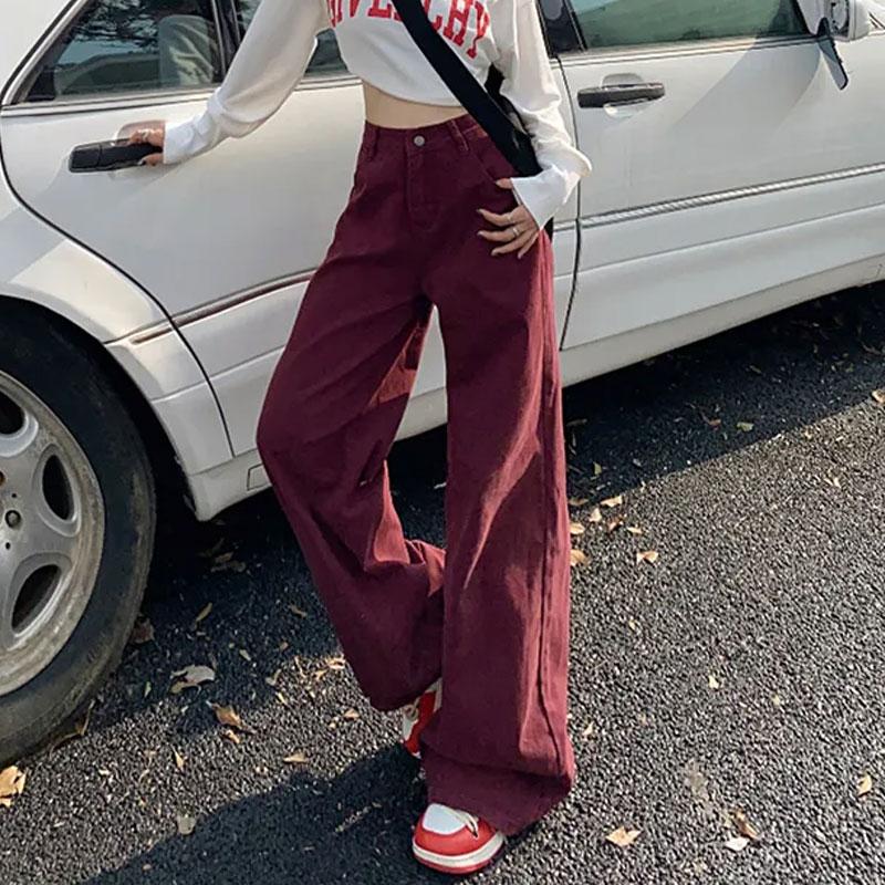 Autumn Angora Red High Waist Trousers American Female Clothing Wide Leg Denim Pants Loose Casual Vintage Solid Color Basic Jeans