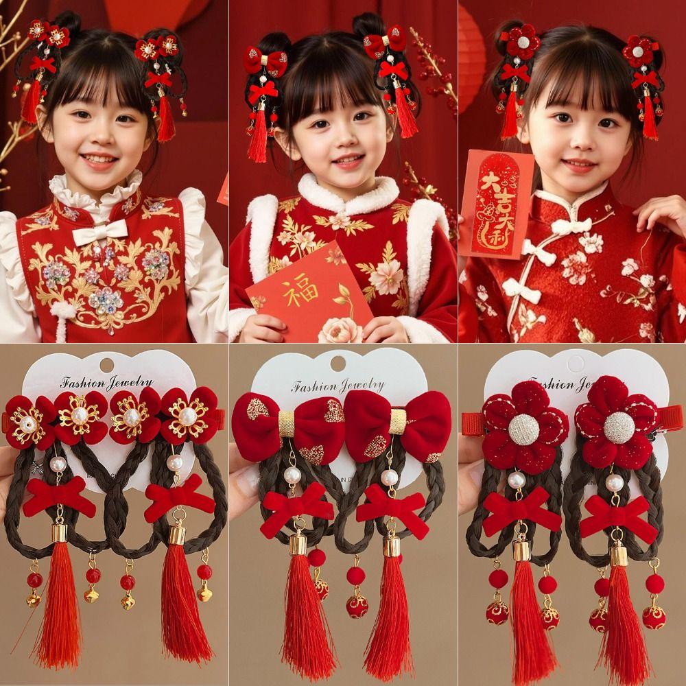 Flower Children Bow Wig Hairpin Tassels Ancient Style Hairpin Sweet Hanfu Hair Sticks  Baby