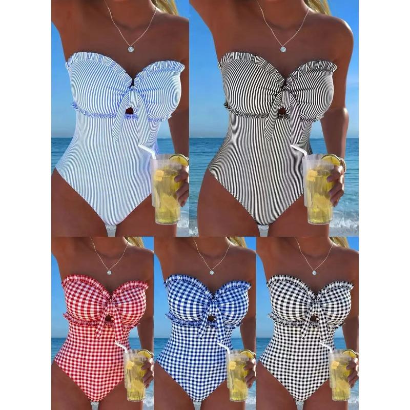 2026 Strappy Swimsuit One Piece Sexy Striped Ruffle Swimwear Women Bathers Bathing Swimming Swim Suit Padded Beachwear Summer