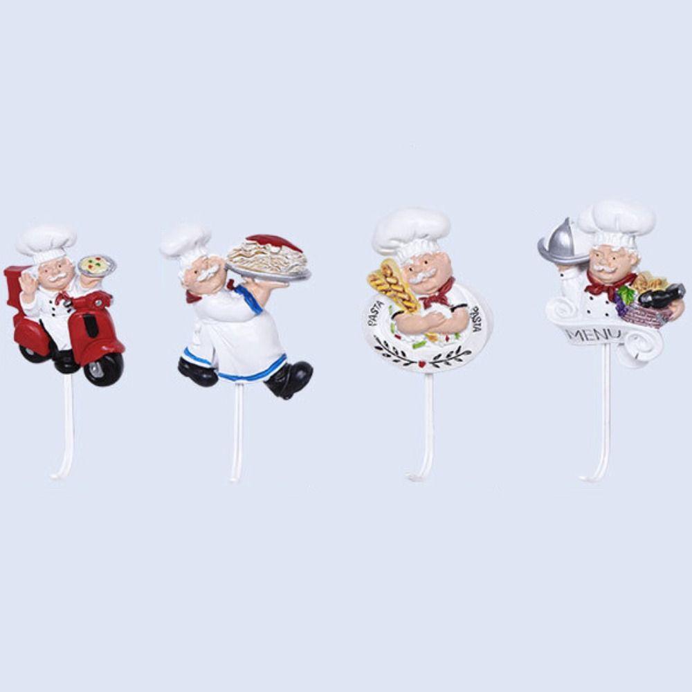 4pcs Cute Waterproof Cartoon Chef Hooks Plastic Resin Chef's Bread Hooks Wall Hanging Decorative Key Hangers Entrance