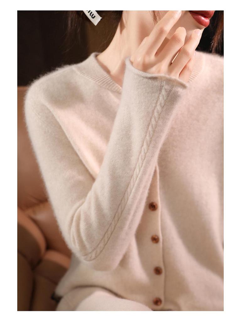 2024 Women's Loose V-Neck Pure Wool Knit Cardigan - Autumn/Winter Plus Size French Style Outerwear