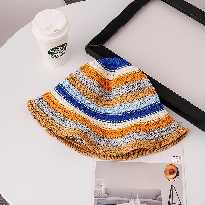 Hyunya Wind Rainbow Straw Bucket Hat Female Summer Breathable Sunshade Sunscreen Bucket Hat Show Face Small Straw Hat