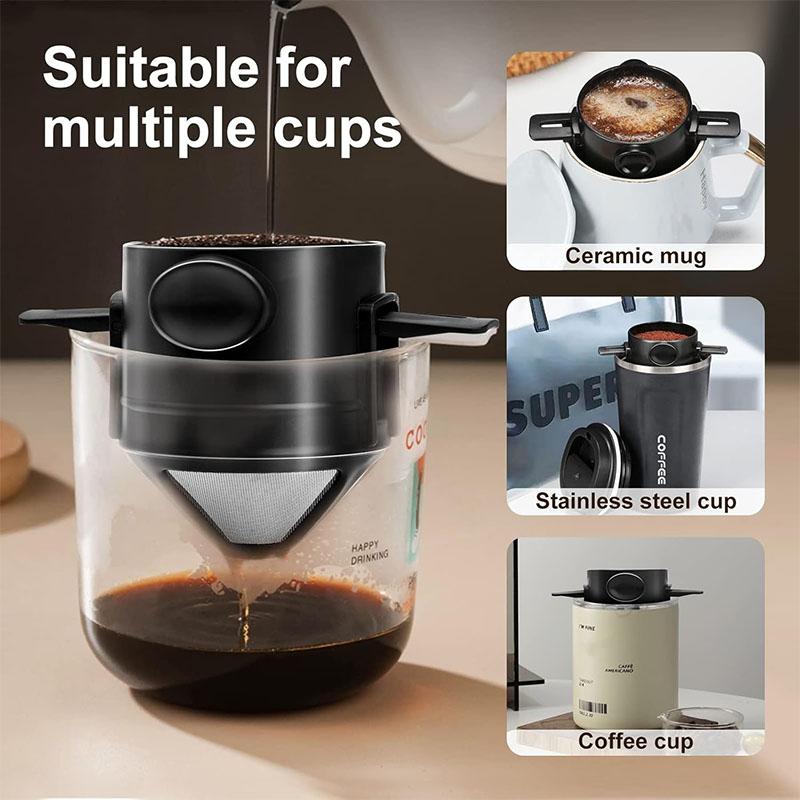 Pour Over Coffee Dripper Portable Stainless Steel Coffee Filter Reusable Mini Collapsible Paperless Single Serve 1 Cup JT587