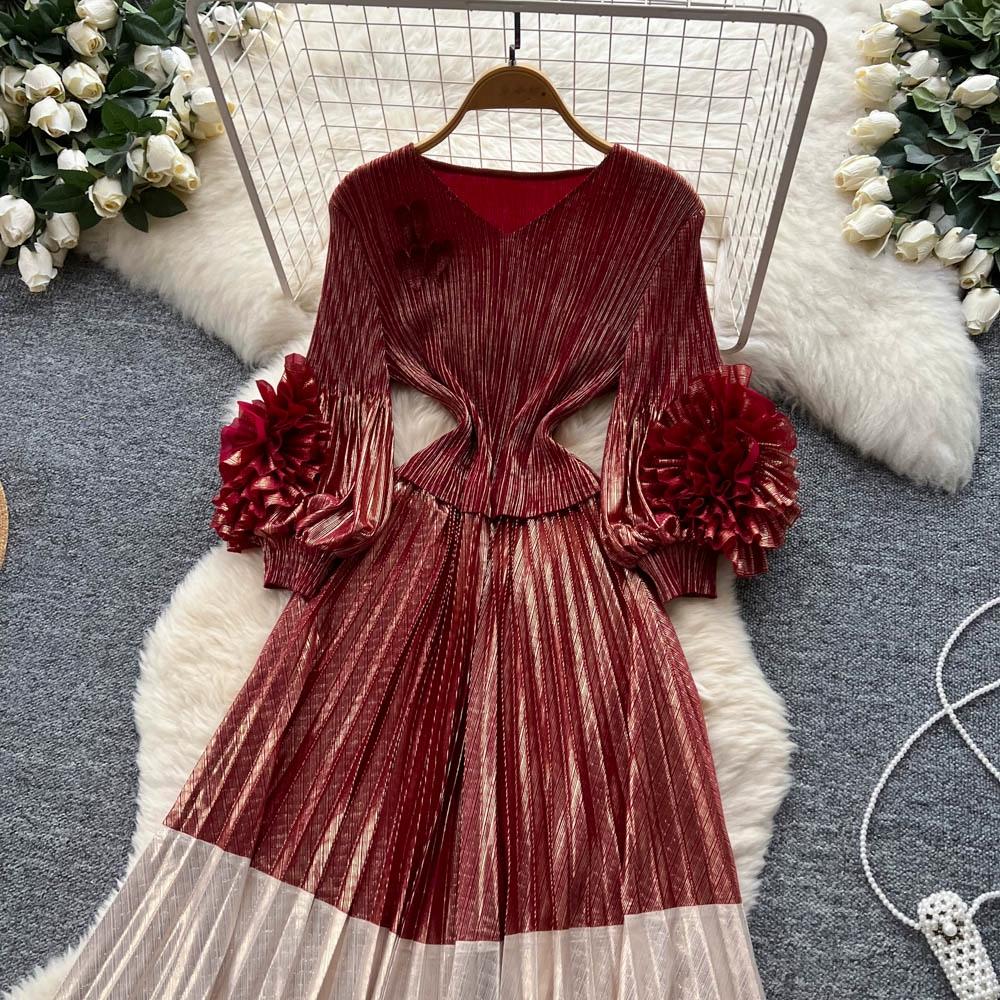 Wiosna Jesień Kobiety Luksus Plus Size Plisy Miyake Kwiat 3D Oversize Luźna Długa Sukienka Maxi Party Plisowana