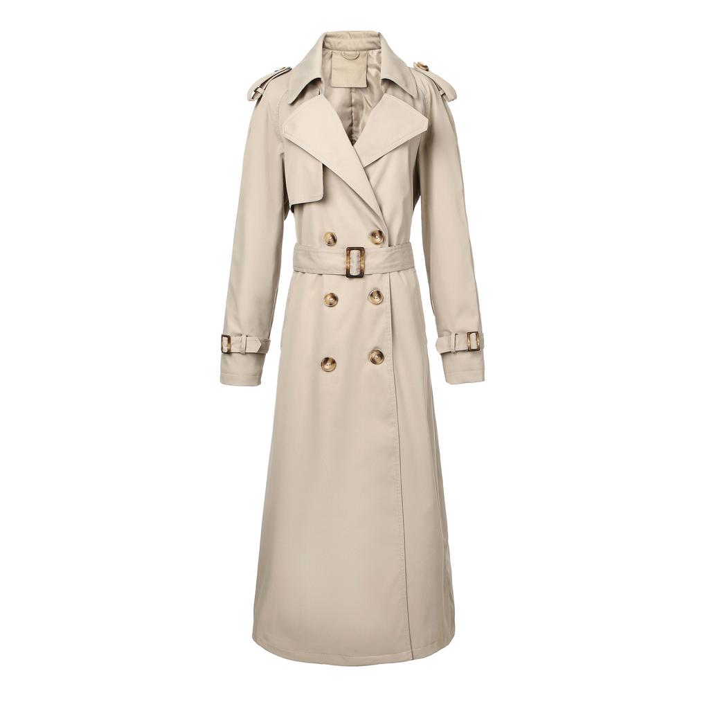European and American classic lapel trench coat double-breasted + epaulettes decorative belt, crisp and elegant British style