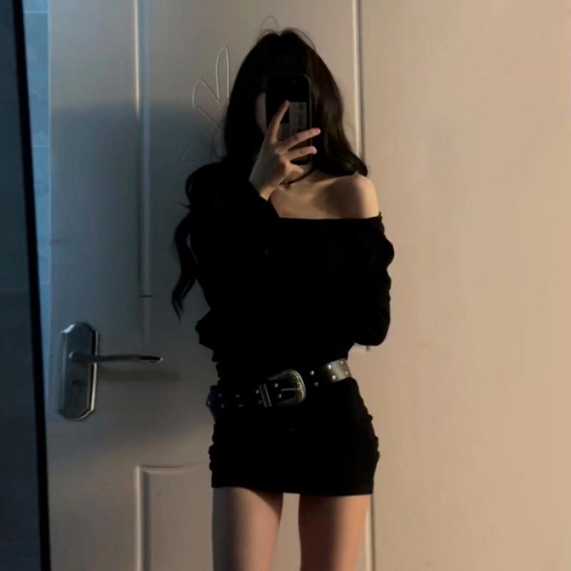Y2K One-Shoulder Black Knit Dress: Sexy Autumn/Winter Bodycon Mini for Mature Women