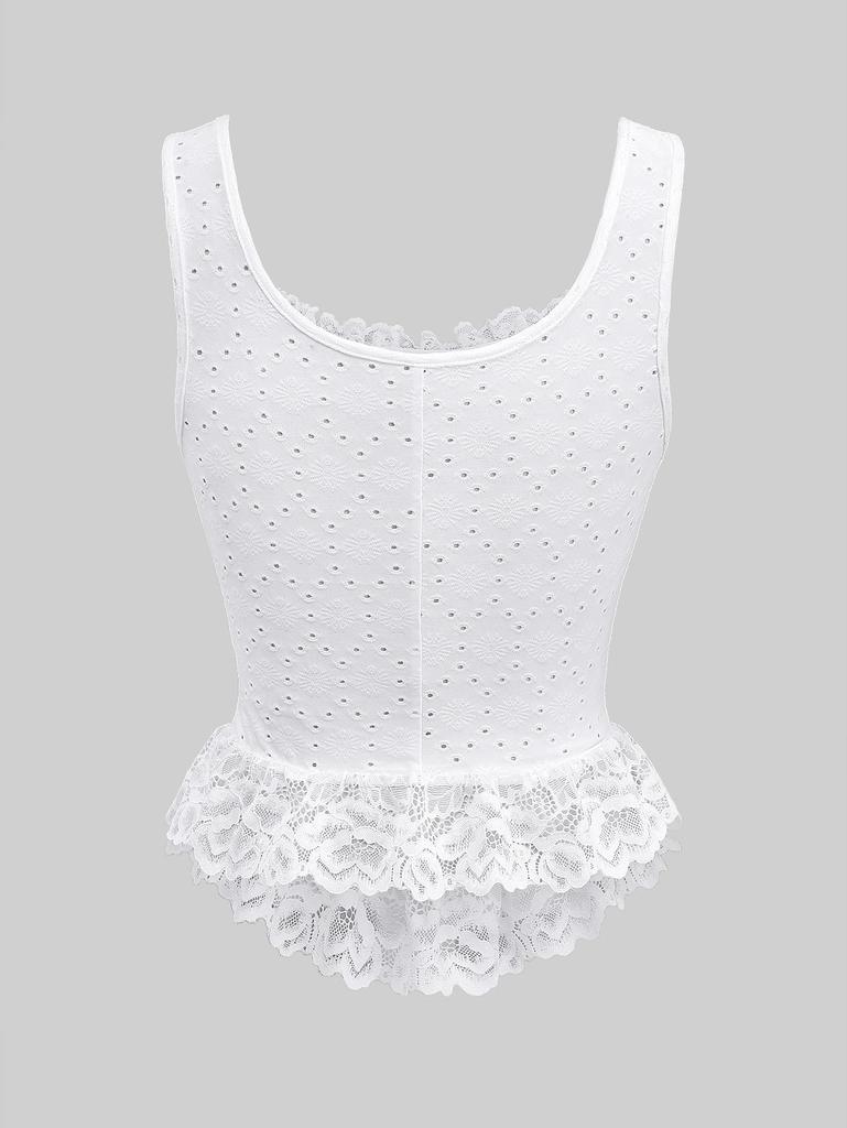 Rosegal Gothic Pointelle Lochmuster Jacquard Stickerei Spitzenbesatz Schößchensaum Haken- und Ösen Tanktop