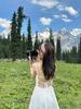 Elegant French-Style Sexy Backless Blue Spaghetti Strap A-line Beach Dress for Women