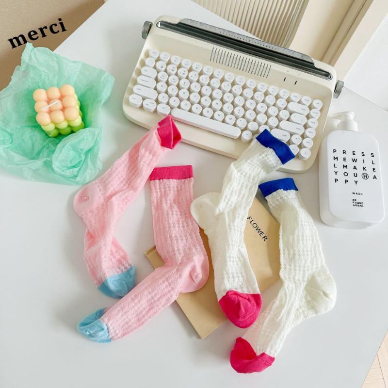 Summer Thin Mid-calf Socks, Women's Mesh Hollowed-out Color-blocking Pile Socks, Dopamine Color Series, Cute Long Socks for Girls, Trendy