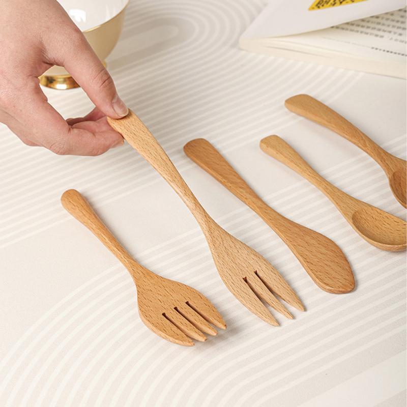 Wiederverwendbares Besteck Messer Gabel Löffel Tragbar Schlichter Rustikaler Stil Buche Holz Geschirr Reise Geschenk
