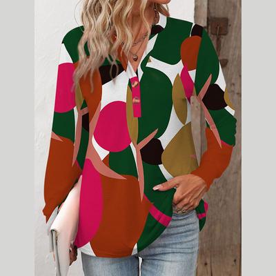 Fashion Casual Long Sleeve Button V Neck Printed Pullovers T Shirt Blouse Top for Ladies
