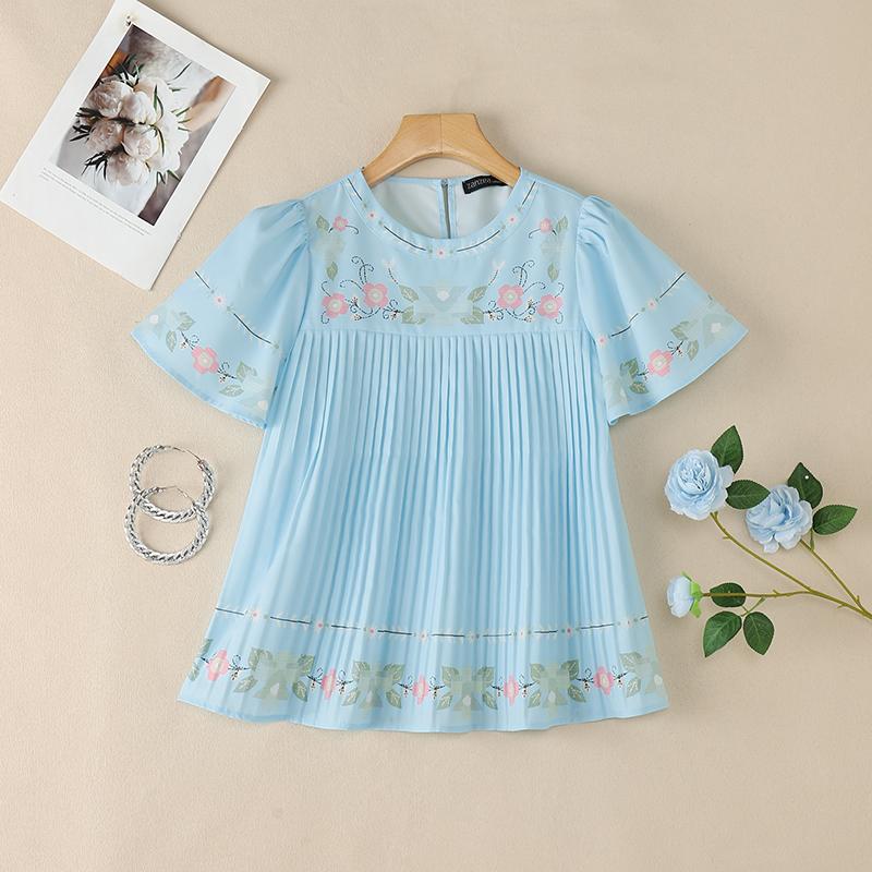 ZANZEA Women Casual Round Neck Floral Print Loose Short Sleeve Pleated Blouse