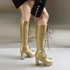 Plus Size Glossy Patent Leather Cross Lace Up Zipper With Plush Lining Women's Knee Length Boots Extra High Thick Heels Boots