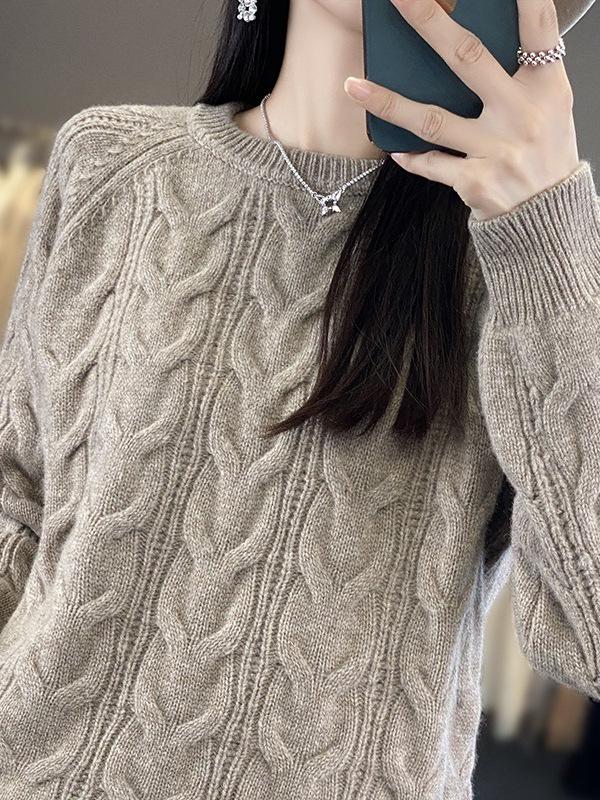 Women's Twisted Cable Knit Wool Sweater - Round Neck, Slim & Loose Fit, Autumn/Winter Pullover